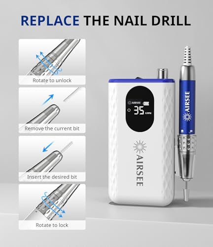 AIRSEE 35000 RPM Professional Electric Rechargeable Nail Drill File Machine for Acrylic Extension Gel Dip Powder Powerful Cordless Portable Efile 56 Sanding Bands 7 Bits LCD Scrn Salon Manicure Use G7