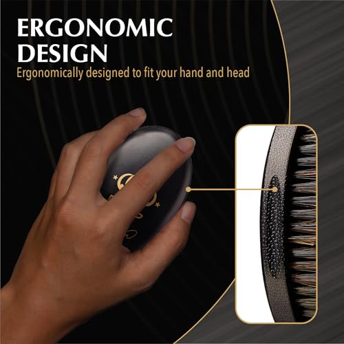 Red by Kiss Premium Pocket Wave Bow Wow Curved Palm Brush – Boar Bristles for 360 Waves, Curved Design for Precision Control, Ideal for Coarse, Curly, Short Hair & Fades (Medium)