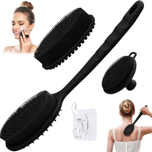 Silicone Face & Back Scrubber Set, Manual Face & Body Scrubber Exfoliator with Soft Bristles and Non-Slip Handle, Back Brush Bath Brush with 2 Detachable Brush Heads(3PCS Black Set)