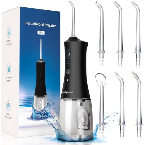 Cordless Water Dental Flosser for Teeth, 300ml Rechargeable Oral Irrigator Cleaning, 4 Modes & 6 Jet Tips, IPX7 Waterproof, Portable Dental Flosser for Braces & Travel, Black