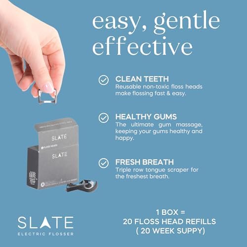 Slate Flosser Refills – 20 Reusable Woven Floss Heads for Slate Electric Flosser, PFAS-Free and Unwaxed Dental Floss, Includes Tongue Scraper and Gum Scraper, Eco-Friendly Oral Care Refill