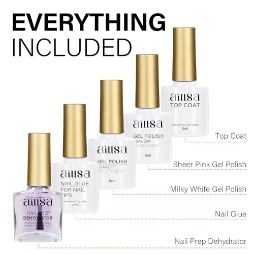 AILLSA Gel Nail Kit Short Almond Nail Tips 240pcs with 2 In 1 Nail Glue Base Coat and Nail Dehydrator, Gel Full Nail Kit with Nail Lamp Top Coat for Starters Home Salon Valentine's Day