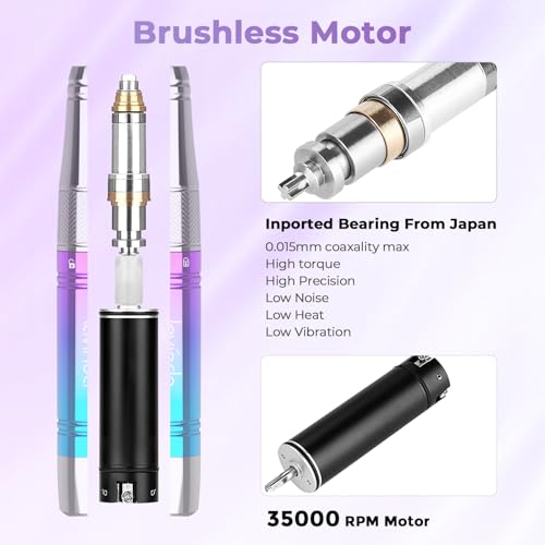 Lavinda Professional Rechargeable Nail Drill Machine, Cordless 35,000RPM Skyspace Brushless Nail Drill, Portable Electrical Nail File for Acrylic Nails with Protective Case, Gradient Blue & Purple