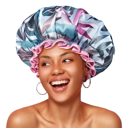 mikimini Large Shower Cap for Women Reusable Waterproof, Adjustable Hair Cap for Shower with Double Layers, Tropic Style Hair Cover for Shower suit for Long Hair, Braids, 2 Pieces
