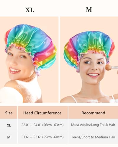 mikimini Sparkle Rainbow Shower Cap for Women Long Hair, Pack of 2,Double Layer Waterproof, X-Large, Reusable, Washable, No Smell, Fashion Bath Cap