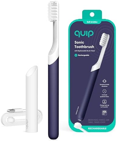 Quip Rechargeable Sonic Toothbrush for Adults - Timed Electric Toothbrush with Cover - Replaceable Brush Head, Soft Bristles, Plastic Handle - Travel Toothbrush - Midnight