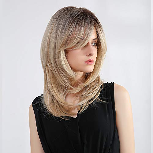 Long Layered Blonde Wigs for Women Synthetic Hair Wig with Bangs Natural Wavy Heat Resistant Wigs for Daily Party Use