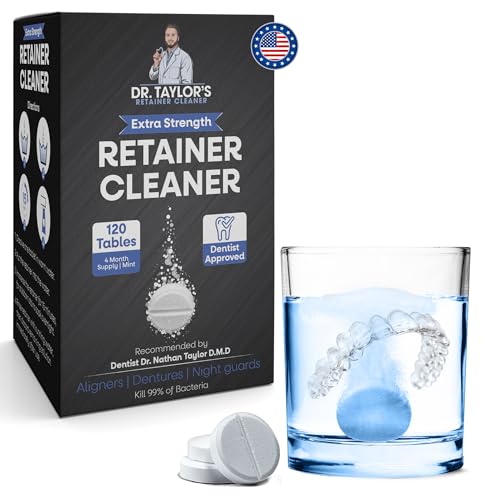 Dr. Taylor’s Retainer Cleaner Tablets for Aligners & Dentures - Effectively Removes Stains, Plaque, and Odor - Mouth & Night Guards Cleaner with Refreshing Mint Flavor - 120 Tablets