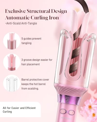Automatic Curling Iron Hair Curler - HITTIONA Rotating Curling Iron Wand 1 Inch with 12 Temps 3 Timer, Anti-Scald, Anti-Tangle Hair Wand Curlers for Lasting Curls Waves, Dual Voltage (Pink+Purple)