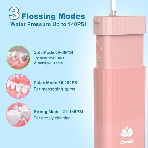 Portable Water Flosser for Teeth,Travel Water Flosser Picks,Mini Cordless Oral Irrigator Rechargeable Power Dental with Telescopic Water Tank, IPX7 Wateroproof for Brace & Sensitive Teeth Care,Pink