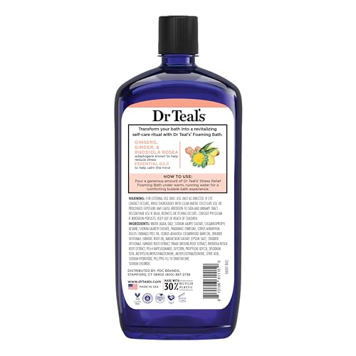 Dr Teal's Foaming Bath with Pure Epsom Salt, Stress Relief with Ginseng & Ginger, 34 fl oz (Pack of 4)