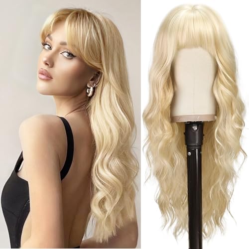 BARSDAR Long Wavy Blonde Wig With Bangs - 26 Inch Long Wavy Blonde Wig with Bangs for Women - Thick Soft Synthetic Hair Replacement Wigs Natural Looking Daily Cosplay Party Halloween