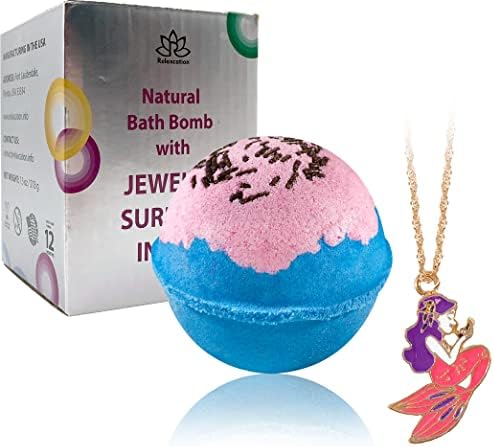 Bath Bombs with Necklace Mermaid Inside - Extra Large Bath Ball (8 oz) in Giftable Box, 100% Natural Ingredients for Sensitive Skin Gift for Girl (Mermaid Night)