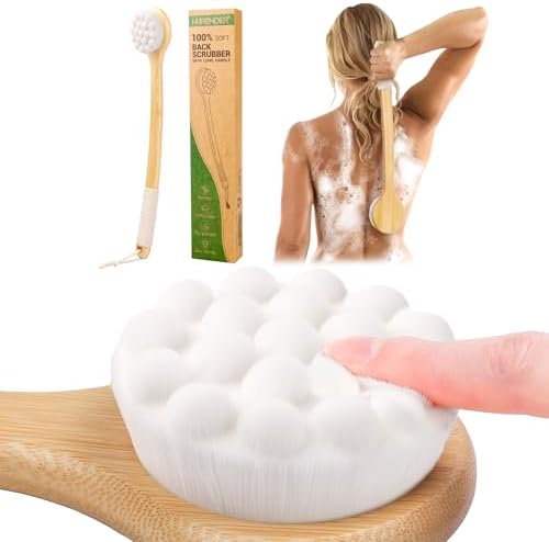 Back Brush for Shower, 17.32'' Long Handle Soft Bristles for Sensitive Skin, Effective for Cleansing, Non Slip Grip, Wall Mounted Dry Quickly, Exfoliation Body Scrubber for Men/Women/Elderly