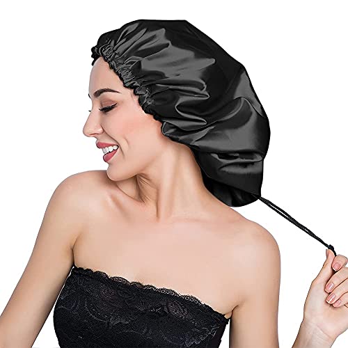 Silky Night Sleeping Cap Satin Bonnet for Curly Hair Adjustable Hair Bonnet Reversible Double Layer X-Large Jet Black