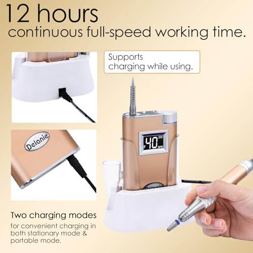 Delanie 2 in 1 Nail Drill with Charging Stand Carbide Ceramic Bits, 40000 RPM Rechargeable Electric Nail File Filer, Gold