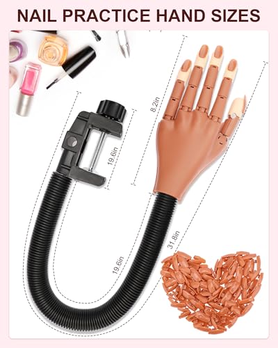 Practice Hand for Acrylic Nails, Flexible Nail Practice Hands Magnetic Fake Hands for Nails Practice, Movable Nail Mannequin Hand with 200PCS Nail Tips for Beginners,13.9 * 6.2 * 1.9