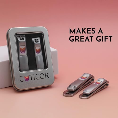 CUTICOR Nail Clipper Set - Set of 2 Fingernail and Toenail Clippers with Tin Travel Case - Ultra Sharp Stainless Steel Nail Clippers for Men and Women - Heavy Duty Nail Clippers for Thick Nails
