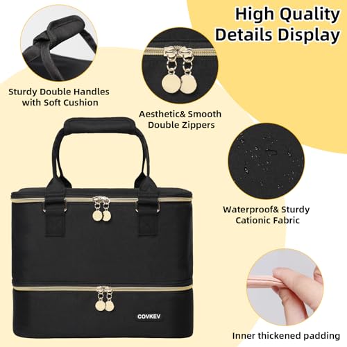 Nail Polish Organizer Hold 50 Bottles (15ml/0.5 fl.oz)& Nail Lamp, Double Layer Nail Bag Organizer Case with Handle, Large Nail Supplies& Kit Storage Case for Women Travel (Black& Golden)