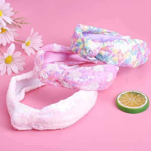 Fishown Sequin Headbands for Girls, 3 Pack Knotted Headband for Girls, Sparkly Girl Hair Bands Glitter Hair Accessories for Girl