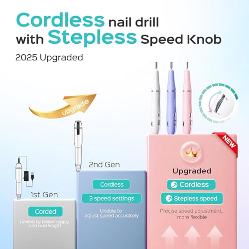 COSLUS Cordless Electric Nail Drill File: Nail Drill Machine with Stepless Speed Knob for Acrylic Gel Dip Powder Polish, Professional Portable Manicure Pedicure Rechargeable for Home Salon Use White