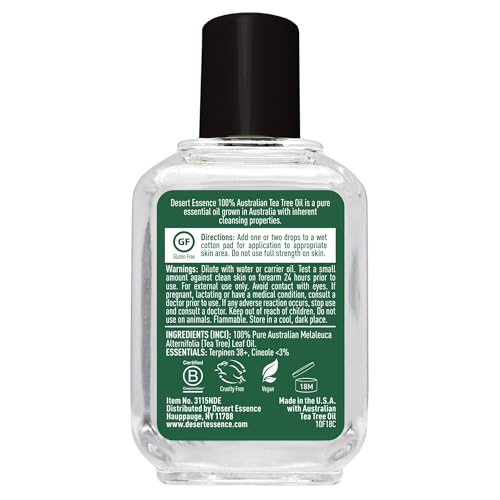 Desert Essence 100% Australian Tea Tree Oil Therapeutic Grade Essential Oil - Skin Cleansing, Clarifying, Soothing - Refreshing Air - Skin Care, Hair Care, Powerful Green Clean - Vegan, Non-GMO - 2oz