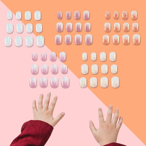 SIUSIO 120Pcs 5 Pack Press on Nails kids Children Acrylic Fake Nails Cute Pre-glue Full Cover Gradient Color Rainbow Short Stick On False Nail Art Kits Set for Kids Little Girls - Colorful Glitter