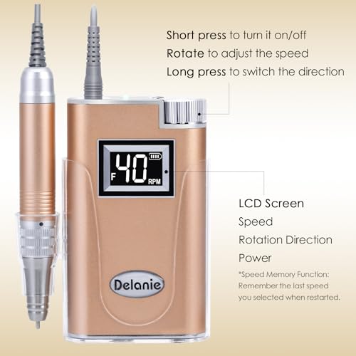 Delanie 2 in 1 Nail Drill with Charging Stand Carbide Ceramic Bits, 40000 RPM Rechargeable Electric Nail File Filer, Gold