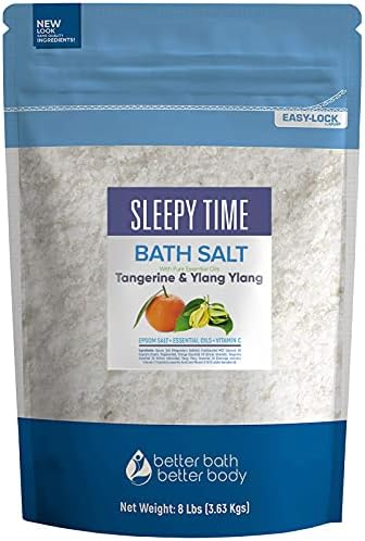 Sleepy Time Bath Salt 128 Ounces (8 Lbs) Epsom Salt with Natural Tangerine and Ylang Ylang Essential Oils Plus Vitamin C in BPE Free Bulk Size Pouch with Easy Press Lock Seal Made in USA