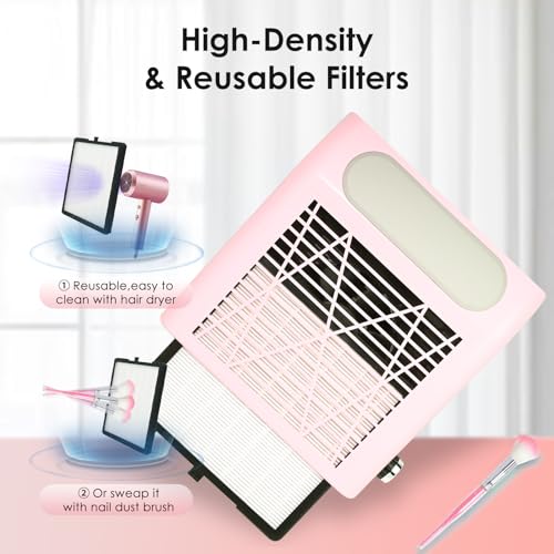 Nail Dust Collector Nail Tech, 80W Powerful Suction Nail Extractor Vacuum with Reusable Filter & Brush, Adjustable Electric Nail Fan Dust Vacuum for Acrylic Gel Nail Polishing Manicure Tool