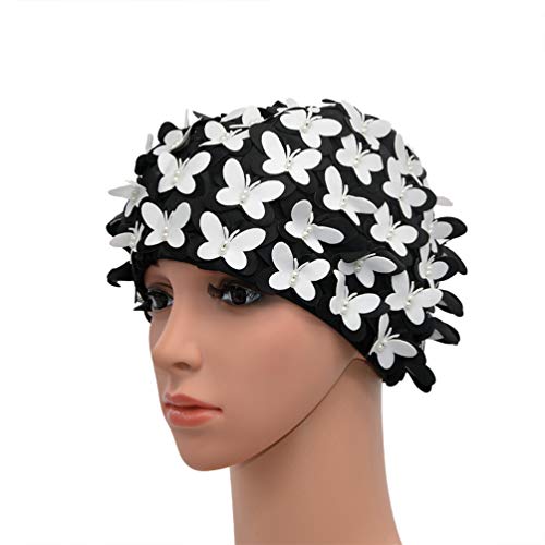 Medifier Vintage Swim Cap Floral Petal Retro Style Bathing Caps for Women White
