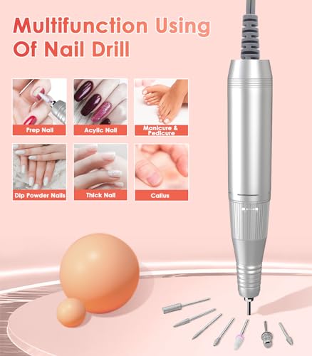 Portable Electric Nail Drill File: 40000RPM Professional Nail Drill with Bits & Base, Pink Diamond Rechargeable Nail E File Machine for Remover Gel Nail Polish Acrylic Nails Manicure for Salon Home