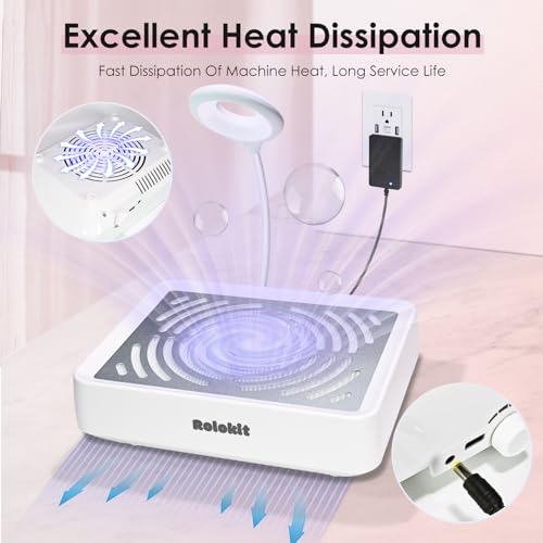 Nail Dust Collector with Lamp&50pcs Disposable Filter&Dusting Brush, Electric Nail Vacuum Cleaner Dust Fan Suction Machine for Manicure Acrylic Gel Nails Polishing, Low Noise, Salon Home