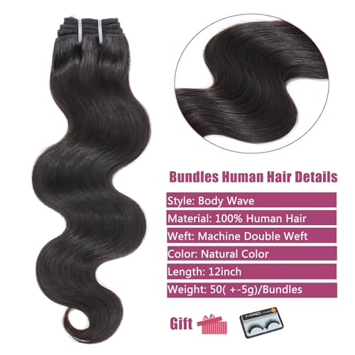 Body Wave Bundles Human Hair 12 Inch 12A Human Hair Bundles 100% Unprocessed Brazilian Virgin Hair Quick Weave Deals 4 Bundles Human Hair Natural Black Color (12/12/12/12, 4 Bundles)