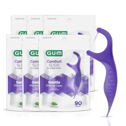 GUM Comfort Slide Floss Picks - Perfect for Tight Teeth - Extra Strong Shred-Resistant Dental Floss, Easy Grip Handle - Dental Flossers for Adults - Fresh Mint Flavor, 90 ct (6pk)