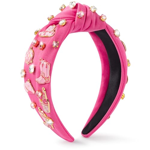 PANTIDE Western Jeweled Knotted Headband - Cowgirl Boots Hat Rhinestone Crystal Embellished Headband Wide Top Knot Fashion Hairband Hair Accessories Birthday Gift for Cowboy Women Girls (Hot Pink)