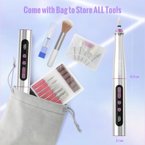 Cordless Electric Nail Drill Machine, 13 in 1 Nail File Kit 35000RPM Professional Portable Rechargeable E File for Acrylic Polish Gel Removal Manicure Pedicure Set with 5 Speeds DN-2402