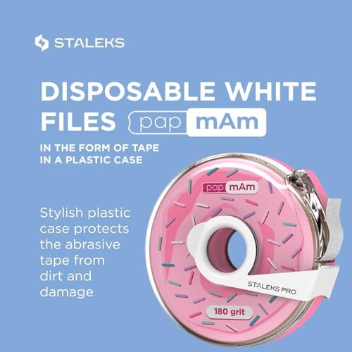 Staleks Pro Disposable White Abrasive Tape papmAm Expert – 180 Grit – 7m Roll in Plastic Case – Glueless Replaceable Abrasive – Professional Nail Shaping – Manicure & Pedicure