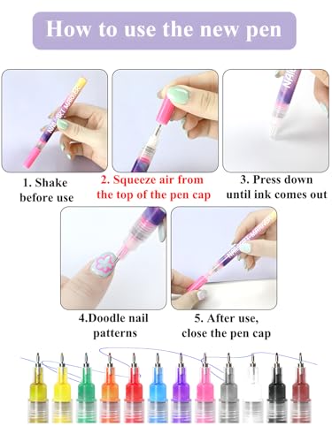 Fine Tips 3D Nail Art Pens, 12 Colors 0.5 MM Nail Marker Pens Nail Point Graffiti Dotting Drawing Painting Liner Pen for Home Salon Quickly Dry Nail Art