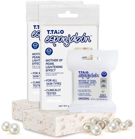 T.Taio Esponjabon Mother of Pearl Soap Sponge - Revitalizing Shower Scrubber for Bath Wash & Oil Removal - Bathroom Essentials with Fresh Scents - Pearl with Mini