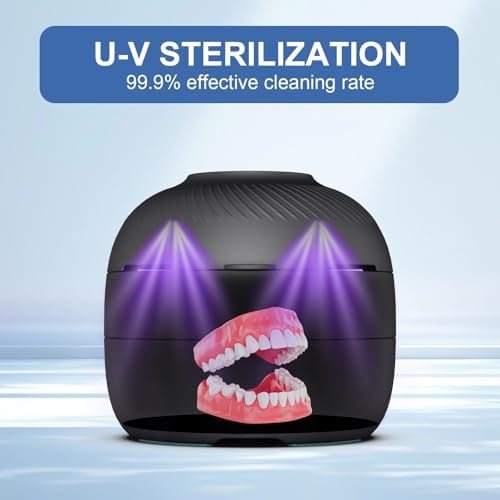 Denture Case Retainer Case,Multipurpose Retainer Cleaning and Store Case with Light & Fan Functions,All-in-one Denture Bath Box Cup for Soaking and Storing Full & Partial Dentures