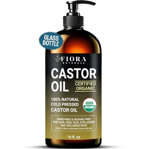 Organic Castor Oil in Glass Bottle – 16 Oz Cold Pressed & Hexane-Free – USDA Certified – Hair Growth Oil For Lashes, Brows, Skin & Scalp – with Pump