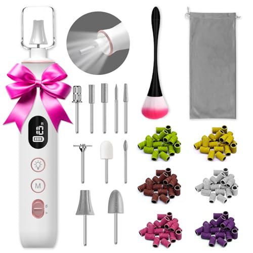 Cordless Electric Nail File Set, 10 Speeds Professional Manicure Pedicure Kit with LED Light, Portable Nail Drill for Natural & Acrylic Nails, Human & Pet Thick Toenails, w 120*Sanding Bands (White)