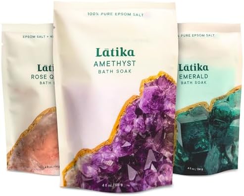 Geode-Inspired Bath Soak Set of 3 - Amethyst, Rose Quartz & Emerald with Essential Oils & Epsom Salt - Sandalwood, Lavender, Sage & Eucalyptus for Stress Relief, Muscle Recovery & Skin Care