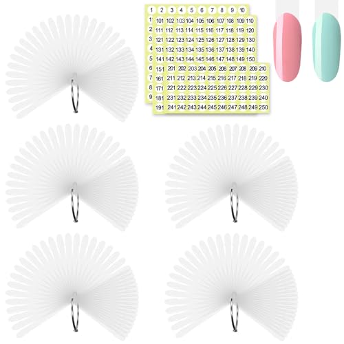 SIUSIO 250 Pcs Oval Nail Swatch Sticks with Metal Split Ring and Numbered Tips - Clear Fan-shaped Color Display for Nail Art Polish Practice