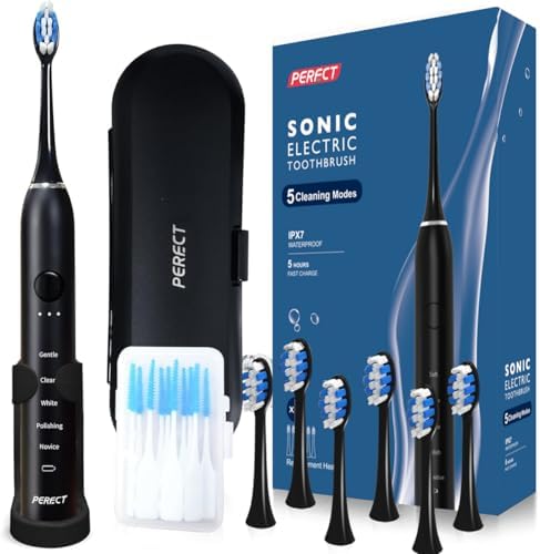 PERECT Sonic Electric Toothbrush for Adults, 6 Brush Heads, 5 Modes Electric Toothbrush, Travel Rechargeable Power Toothbrush with Smart Timer & Soft Picks, IPX7 Waterproof, Black