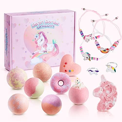 Kids Bath Bombs with Surprise Inside,9 Pack Unicorn Bath Bombs for Girls-5 with Surprise Toys,Including Jewelry Toys,Natural Organic Kids Bubble Bath with Fruity Scents,Relaxing Aromas,Birthday Gift