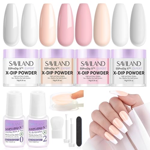 SAVILAND Dip Powder Nail Kit Starter: All Season Dip Nail Starter Kit Set with 4 Colors Clear White Nude Dipping Powder 2-in-1 Dip Base & Top Activator for French Nail Art Manicure DIY Home