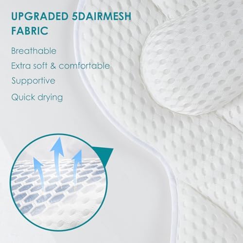 Bath Pillow Bathtub Pillow, Luxury Bath Pillow for Neck and Back Support - with Comfortable 5D Breathable Cotton and Non-Slip Suction Cup Bathtub Accessories - Spa Bath Mat Gifts for Women