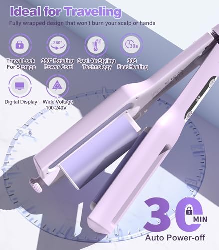 Hair Crimpers and Wavers with Cool Airflow Styling, Beach Waver Curling Iron with 4 Adjustable Curl, Anti-Scald Crimper Hair Tool for Women, 8s Smart Timer, Fast Heating, 100 Million Ions, LCD